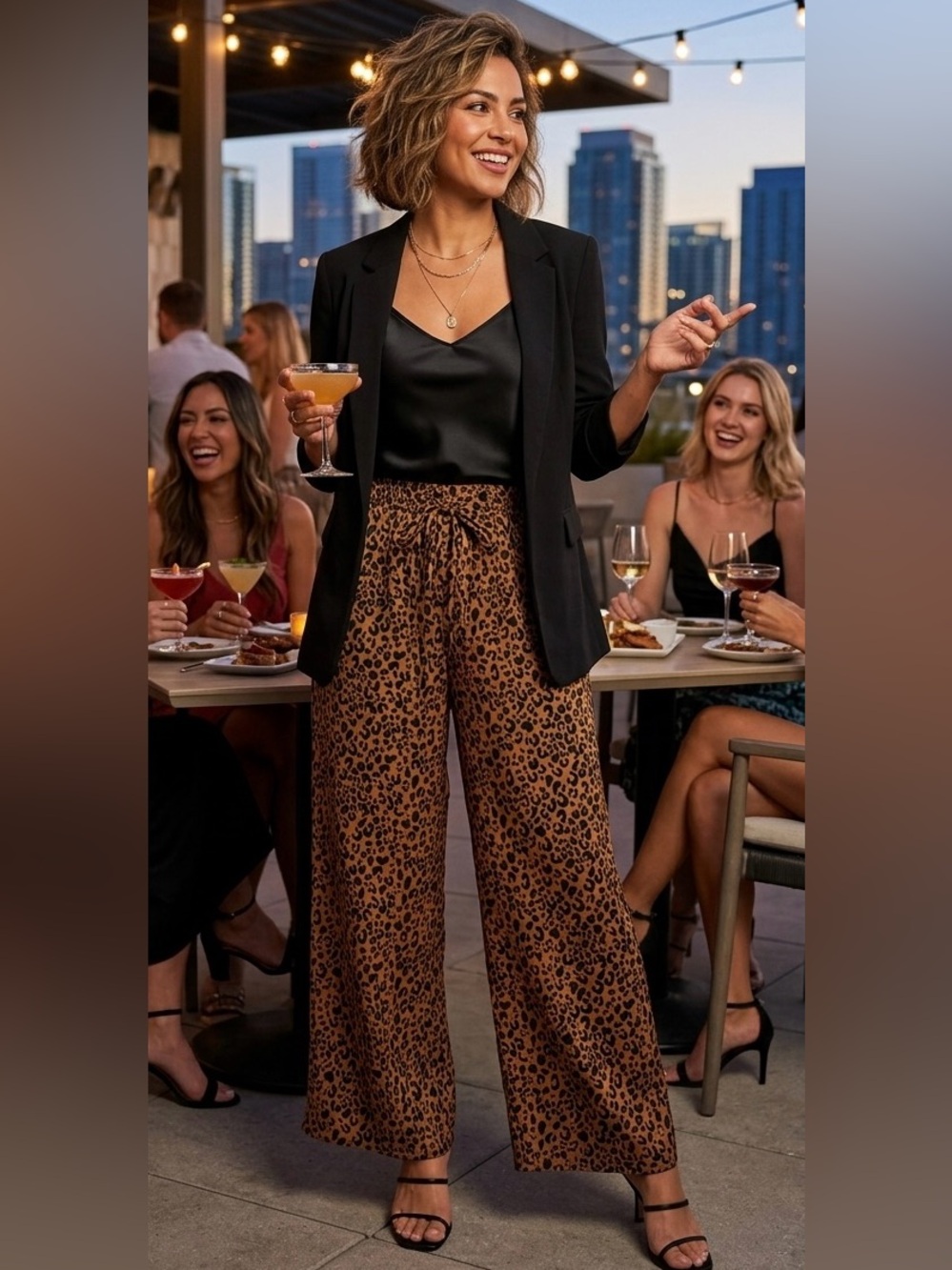 Sienna Sky Pants Leopard Print Wide Leg Paperbag Bow Waist Silky Dress Pant L